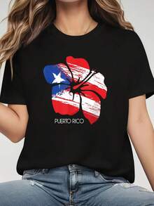 Women's Short-Sleeved T-Shirt With Round Neck, 100% Cotton, With Puerto Rico Flag Print Amapola Boricua, For Casual Daily Use. - màu đen - Xem 8