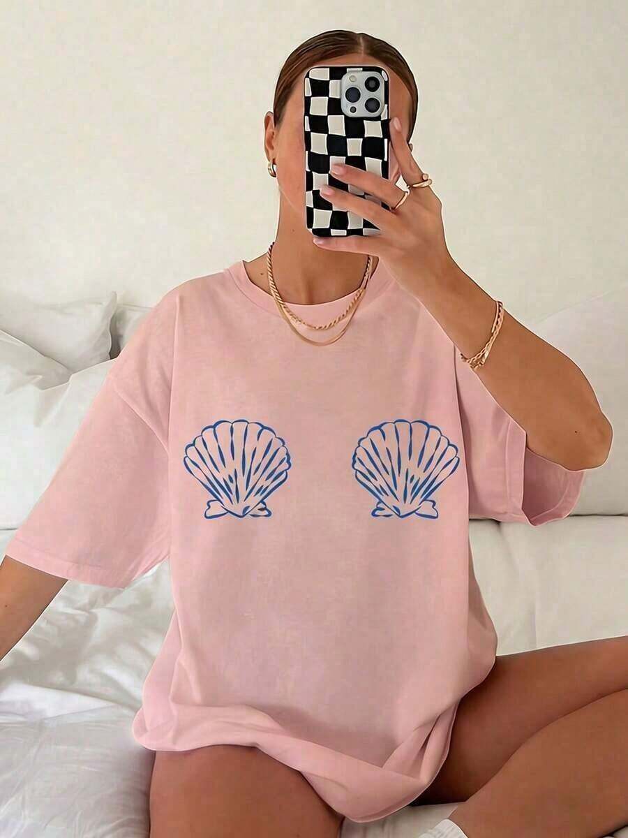 Camisetas Gráficas para Mujer con Estampado de Conchas Tropicales - Camiseta Casual de Alta Elasticidad con Cuello Redondo y Manga Corta, Lavable a Máquina, Blanca y Azul, Ropa de Playa de Verano, Ajuste Cómodo para Todas las Temporadas, Tela Transpirable, Diseño Simple, Camisetas para Mujer, Ropa de Vacaciones para Mujer, 100% Algodón, Camiseta Casual de Algodón para Mujer, Suave y Transpirable para Uso Diario. - Rosa - Ver 1