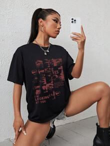Off-The-Shoulder Printed T-Shirt With Slogan "I'M WATCHING YOU EARLY IN THE DAY IT WAS WHISPERED THAT WE SHOULD SAIL IN A BOAT JUST YOU AND 1 AND NEVER A SOUL IN THE WORLD" Graphic Tees For Women Women's Blouses Y2K Style Activewear, Crew Neck, 100% Cotton, Soft Fabric, Short Sleeve. - 黑色 - 查看 4