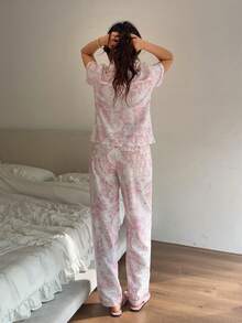 2pcs Women's Pajama Set, Ink Painting Short Sleeve Lapel Top And Bowknot Long Pants, Suitable For All Seasons - Pink - View 2