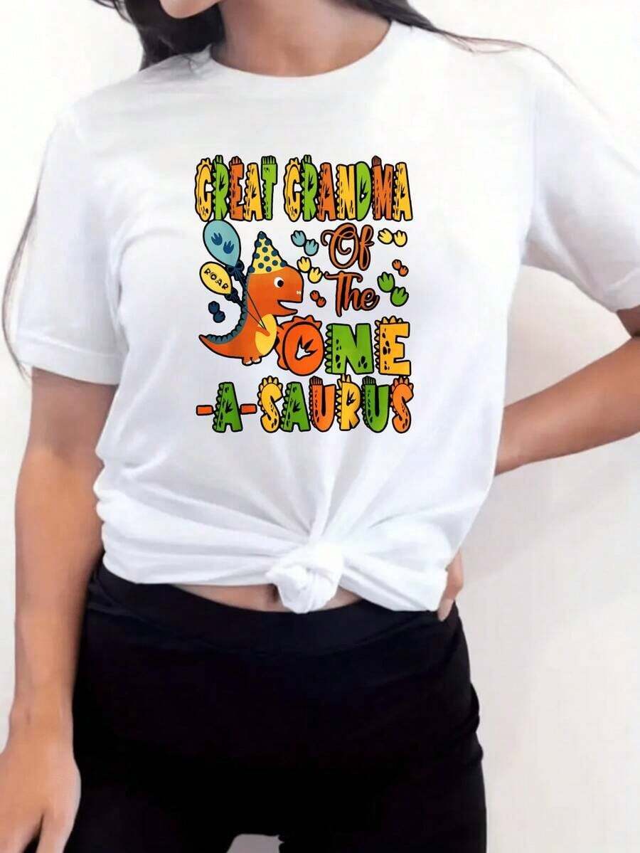 1 pieza Camiseta de Cuello Redondo para Mujer con Tema de Dinosaurio "Abuela del Típico Tiranoceropodio", Regalo Divertido para Fiesta de Cumpleaños de Abuela, 180g 100% Algodón - Blanco - Ver 1