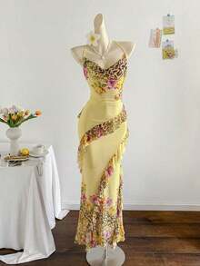 xheSoleia Vestido largo con cuello drapeado, estampado floral vintage y volantes en el bajo, estilo vacacionalxhe - Amarillo - Ver 5