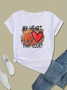 Camiseta de Estilo Y2K con Estampado de Corazón para Mujeres de Talla Grande - Cómoda y Holgada, Camiseta Casual de Poliéster para el Trabajo, Hogar o Salidas - Blanco - Ver 6