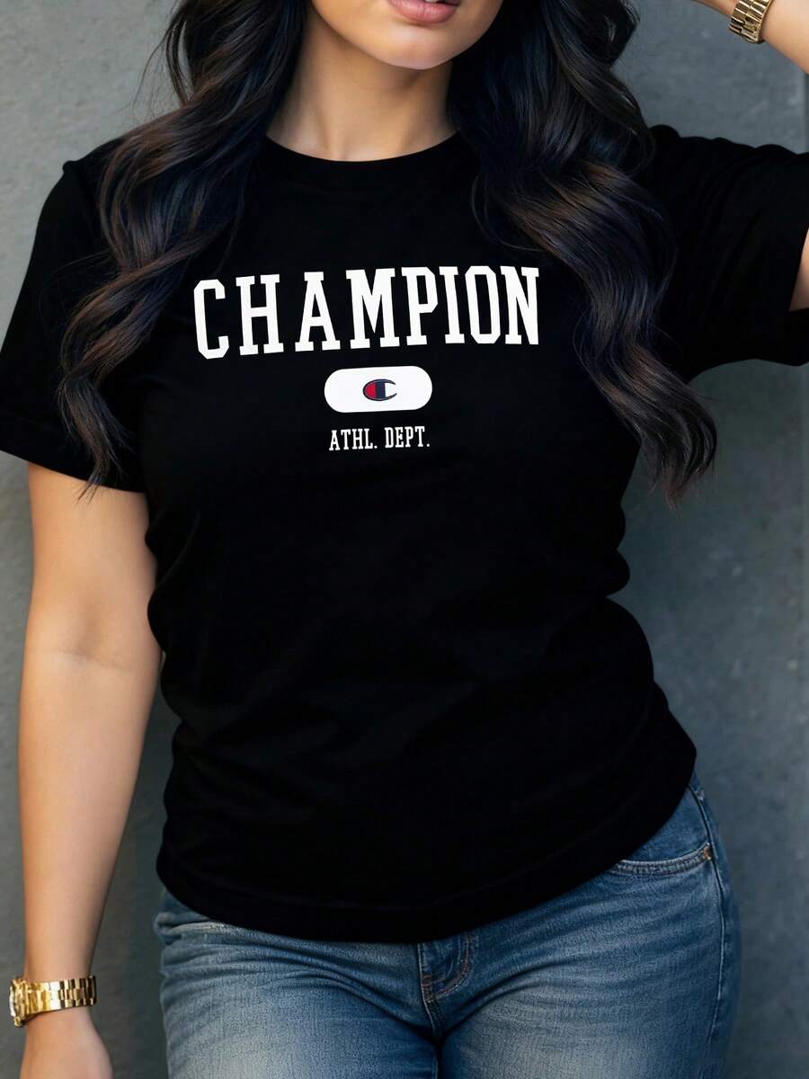 Symbol Representing Inner Strength And Self-Improvement With Large Letters That Evoke Sporty Energy And Motivation. Comfortable And Modern Urban Style Women's T-Shirt Suitable For Everyday Wear. - màu đen - Xem 1