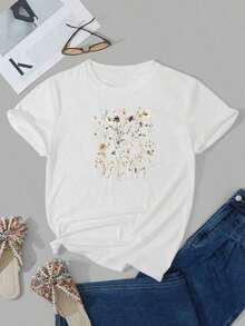 Fashion Printed T‑Shirts for Women, Oversized Streetwear Tops, Comfortable and Stylish All‑Match Summer TeesCamiseta de mujer estampado floral de manga corta estilo europeo y americano - Blanco - Ver 2