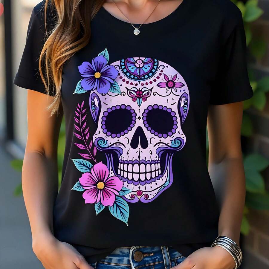 Camiseta de mujer 180g negra de  con cuello redondo y manga corta estampado de calavera con flores coloridas estilo Día de los Muertos perfectas para eventos actuales y festivales  en moda femenina - Negro - Ver 1