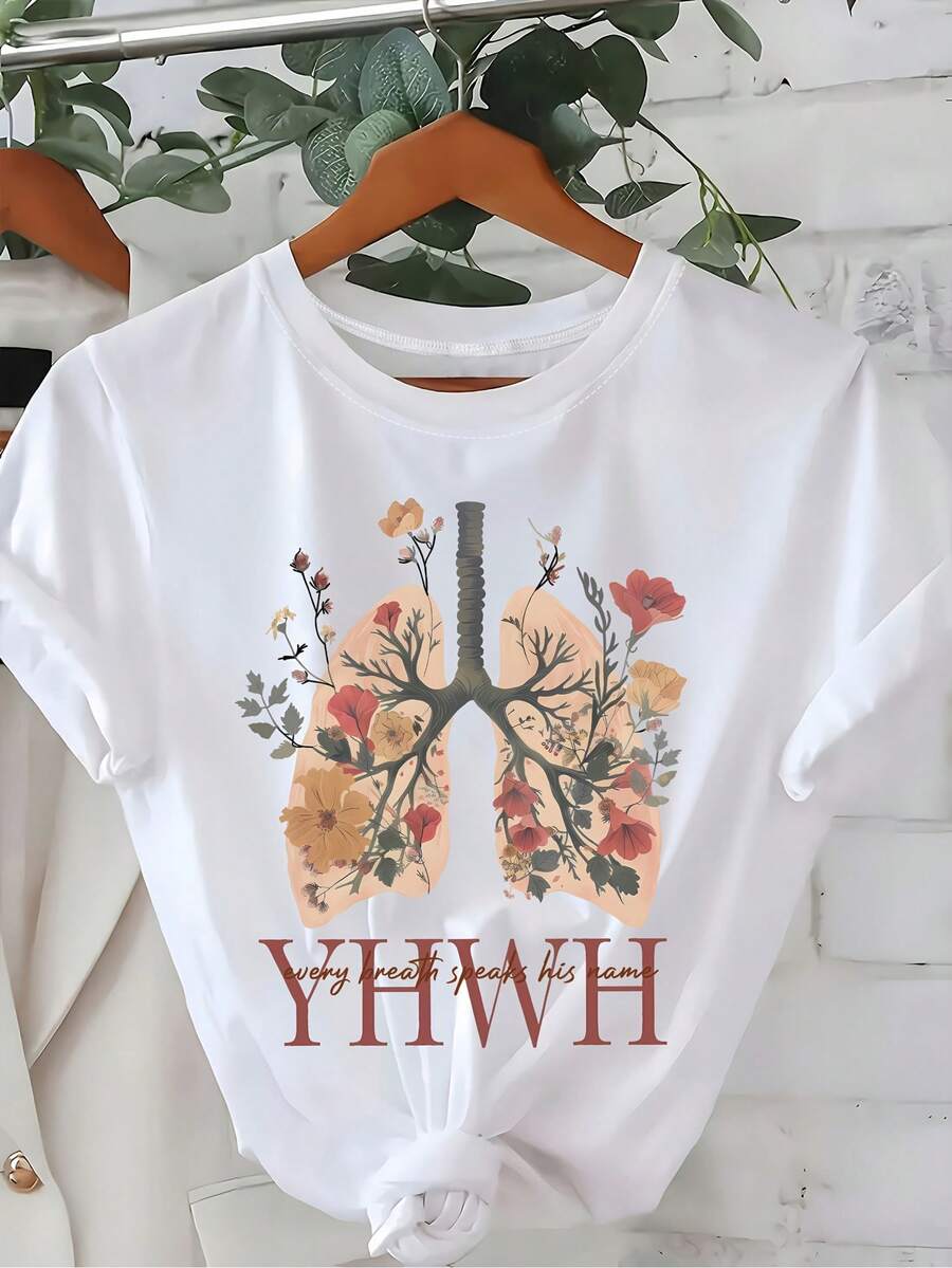 Camiseta de algodón de manga corta para mujer, con estampado floral Christian Breathe Faith, elegante y casual, de manga corta, ideal para primavera y verano, cuello redondo, camiseta económica y asequible para mujer. - Blanco - Ver 1