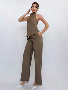 Conjunto de top halter y pantalones de color café claro, estilo sencillo para ir al trabajo - Café integral - Ver 6