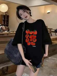 Women's Japanese-Style Short-Sleeved T-Shirt, Loose Fit, Casual, Round Neck, With A Cartoon Tomato And Fruit Print, White, For Spring/Summer. Suitable As A Gift. Women's T-Shirt. Blouses > Elegant. Boho Chic. - 高級黑 - 查看 2