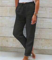Pantalones de Verano de Algodón y Lino para Mujer, Cintura Alta Elástica, Casuales, Estilo Urbano, Color Sólido, Ropa Femenina 2026, Pantalones Lápiz Holgados - Verde - Ver 2