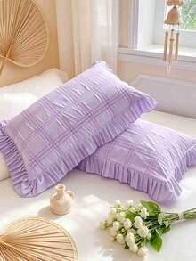 2 piezas de fundas de almohada con rayas finas, ribete de encaje fruncido, diseño de patrón a cuadros, tacto suave y cómodo, perfecto para el cuidado del cabello y la piel. Diseño de cierre de sobre (no incluye rellenos de almohada) - Morado - Ver 4