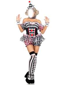 Womens Clown Costume, Off Shoulder Shorts Jumpsuit Sleeves Collar Hat And Stockings 5 Pcs Set, Halloween Costumes - 黑色 - 查看 1