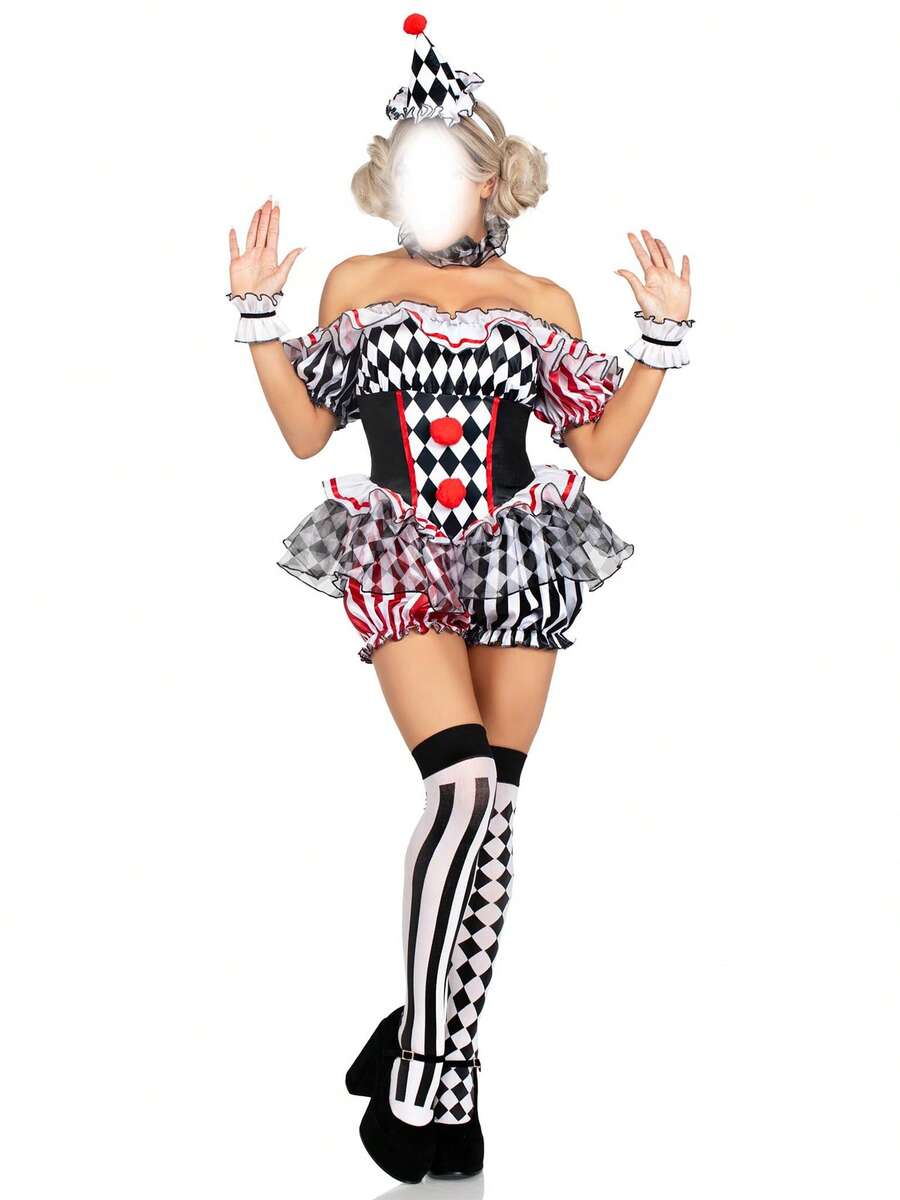 Womens Clown Costume, Off Shoulder Shorts Jumpsuit Sleeves Collar Hat And Stockings 5 Pcs Set, Halloween Costumes - 黑色 - 查看 1