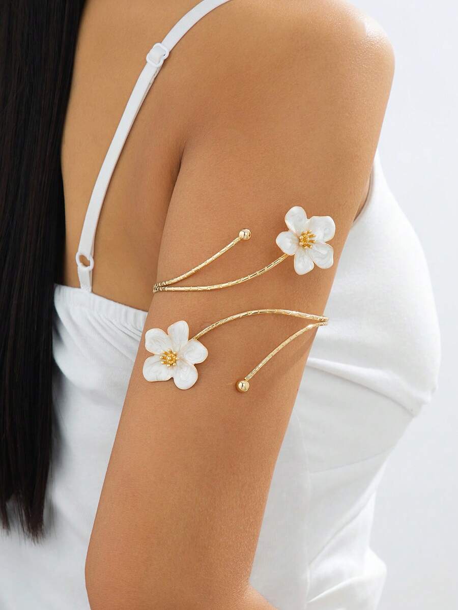 1pc Fashionable Personalized Versatile Summer Beach Handmade Enamel Oleander Bracelet For Women - White - View 1