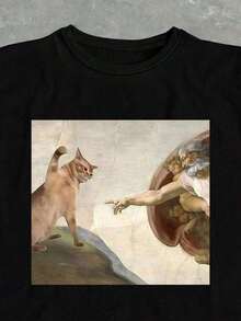 Camiseta de mujer de cuello redondo con estampado gráfico de meme de Internet de la Creación de Adán - Negro - Ver 3