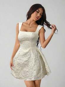 Vestido midi sin mangas de color blanco sólido para mujer, simple y casual para uso diario - Albaricoque - Ver 6