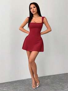 Vestido rojo mini de talle alto, con cuello cuadrado sexy y elegante, para fiesta y citas - Burdeos - Ver 8