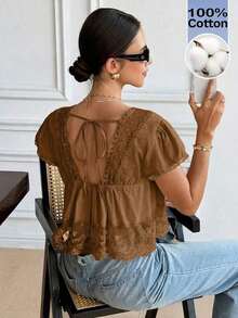 Blusa de mujer con cuello en V, manga corta y espalda con lazo, de encaje y parches, 100% algodón, estilo romántico francés, con diseño de espalda descubierta y mangas abullonadas, versátil para uso diario/casual, verano para mujeres, Día de San Valentín, Carnaval, vacaciones, blusa casual, top Y2K, blusa de encaje, blusa bohemia, top de encaje - Rosa vieja - Ver 1