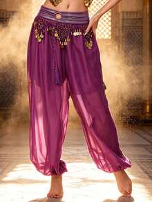 Bohemian Style Coin Decorated Chiffon Harem Pants, Loose Flowy Trousers, Suitable For Fusion And Exotic Style Festival Events (Multiple Colors Available) - Multicolor - View 9