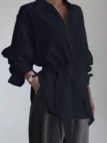 Blusa urbana y casual de manga larga con lazo lateral para mujer - Azul marino - Ver 12