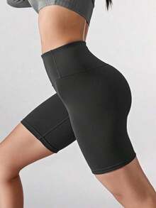 Pantalones cortos de compresión hasta la mitad del muslo para mujer , suaves y amigables con la piel, adecuados para yoga y deportes al aire libre en primavera, verano y otoño, color negro - Niebla azul - Ver 6