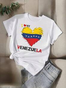 Camiseta de edición limitada con diseño patriótico Amo a |   Camiseta casual blanca de manga corta y cuello redondo, con diseño de corazón de la bandera de, 95% 5% de alta elasticidad, lavable aáquina, camiseta versátil para todas las estaciones, ropa con temática venezolana, tela no transparente, algodón ligero. - Blanco - Ver 7