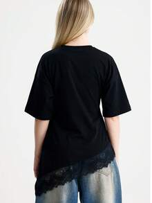RoseArya 100% Cotton Asymmetric Cut Lace Hem T-Shirt - Black - View 5