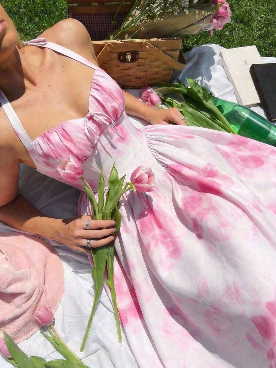 Vestido de longitud media con estampado floral y cuello de lazo para mujeres - Rosa 2 - Ver 1