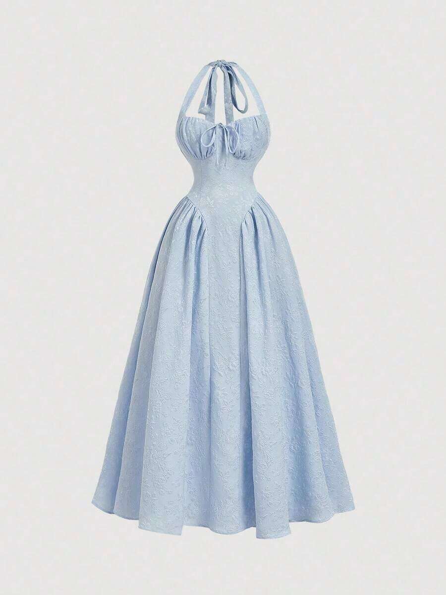 Vestido de mujer con cuello halter, fruncido y lazo, vestido de para mujeres, atuendo de Año Nuevo, vestido de baile deáscaras, atuendo de cumpleaños de mujer, vestido, vestido con lazo, vestido de princesa para Año Nuevo - Celeste - Ver 1