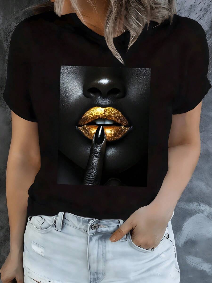 A Print That Represents Freedom Of Spirit With Soft Geometric Shapes And Natural Tones, Evoking Harmony And Connection With Nature. A Modern, Comfortable, Casual Women's T-Shirt For Summer. - 黑色 - 查看 1