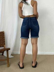 Quần short denim nữ màu trơn, gấu quần xắn, chun co giãn, cài cúc phía trước, kiểu dáng thường ngày, thích hợp cho kỳ nghỉ hè. - Xanh đậm - Xem 4