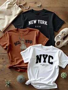 Single Garment Package, Not A 3-Piece Set. 1 Piece/Set Of Short-Sleeved T-Shirts Suitable For Streetwear. Oversized Crew Neck Top For Daily Outings, Camping, Concerts, Hip-Hop, Rock, And Rap Events. Women's Printed T-Shirts, Straight Cut, Short Sleeves, Crew Neck, Graphic Tee, Urban, College, Cities, New York, NYC, Rabbit - 白色 - 查看 6