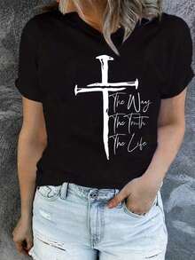 Women's Printed T-Shirt, 100% Cotton, Featuring The Cross Of Jesus, "The Way, The Truth, The Love". Casual Summer Wear For Women, Short Sleeves, Soft And Comfortable Fabric. - 黑色 - 查看 6