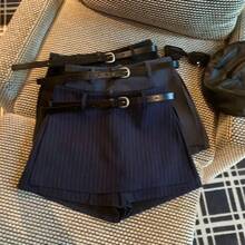 Shorts de Traje a Rayas de Cintura Alta para Mujer, Pantalones Casuales Versátiles y a la Moda para el Trabajo, Falda con Cin... - Gris [versión de alta calidad] - Ver 4