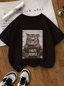 Nueva camiseta de cuello redondo para mujer, manga corta, holgada, casual y versátil, estampado de moda con motivo de gato de prisión, camiseta de base, tejido suave con excelente caída - Negro - Ver 1