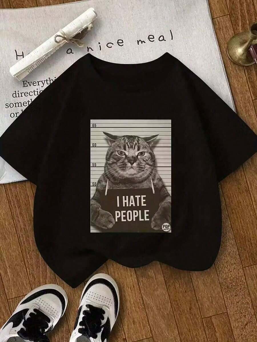 Nueva camiseta de cuello redondo para mujer, manga corta, holgada, casual y versátil, estampado de moda con motivo de gato de prisión, camiseta de base, tejido suave con excelente caída - Negro - Ver 1