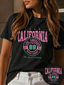 Nueva camiseta de manga corta con cuello redondo para mujeres, diseño estival, con un sencillo y moderno estampado de letras, transpirable y absorbe la sudoración.Envío exprés desde almacén local, modelo para parejas, ropa de pareja - Negro - Ver 5
