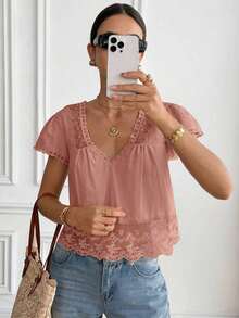 Blusa suelta de unicolor con contraste de encaje y lazo en la espalda para mujer - Rosa - Ver 7