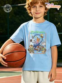 Disney Zootopia Kids T-Shirt, Group Characters Design, 100% Cotton, No Fade, Unisex For Boys & Girls, Ideal For Outdoor Activities, Sports, Daily Casual Wear & Travel Outfit, Great Children's Day Gift For Kids Ages 4-12 - Light Blue - View 1