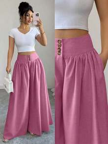 Nuevos pantalones anchos de mujer de estilo casual y elegante con diseño de hebilla floral, color caqui de lino, pantalones largos adecuados para el Día de Acción de Gracias, Halloween, primavera/verano - Rosa Fucsia - Ver 8