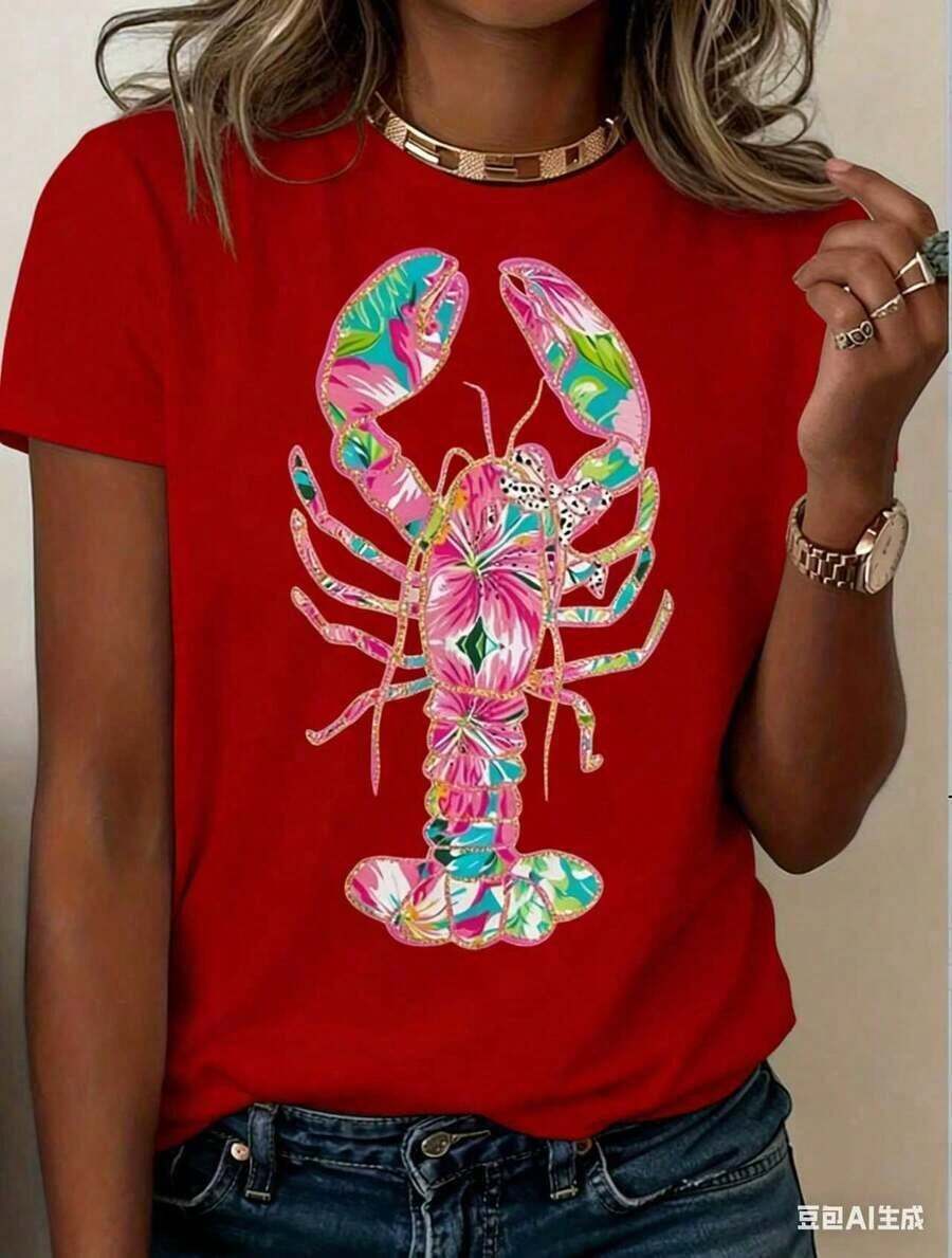 Women's Lobster Print T-Shirt - Soft Pink And Turquoise Coastal Design, Loose Fit, Short Sleeves, Round Neck, Lightweight And Breathable, Ideal For Summer Beach Parties, Vibrant Lobster Design, Casual Women's T-Shirt, Machine Washable, Gift Option (New Stylish T-Shirt) - 紅色 - 查看 1