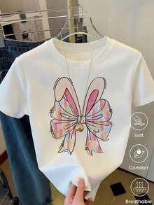 Playera Blanca de Mujer con Orejas y Patitas de Conejo en Estampado de Leopardo, Camia Animal Print de Moda, Blusa Casual de Verano con Diseño de Conejito Lindo, Top Estético y Divertido para Diario o Regalo Adecuado como regalo. playera de mujer. blusas>elegantes. boho chic,Camiseta estampada de cuello redondo con diseño de dibujos animados. - Blanco...... - Ver 6
