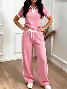 2 piezas/Set Camiseta de manga corta con cuello polo y pantalones holgados de cintura elástica para mujer, top con ribete de contraste versátil y pantalones de cintura alta a rayas con cordón, adecuado para exteriores, ejercicio, transporte y uso diario en primavera, verano y otoño, color rosa elegante - Rosa - Ver 4