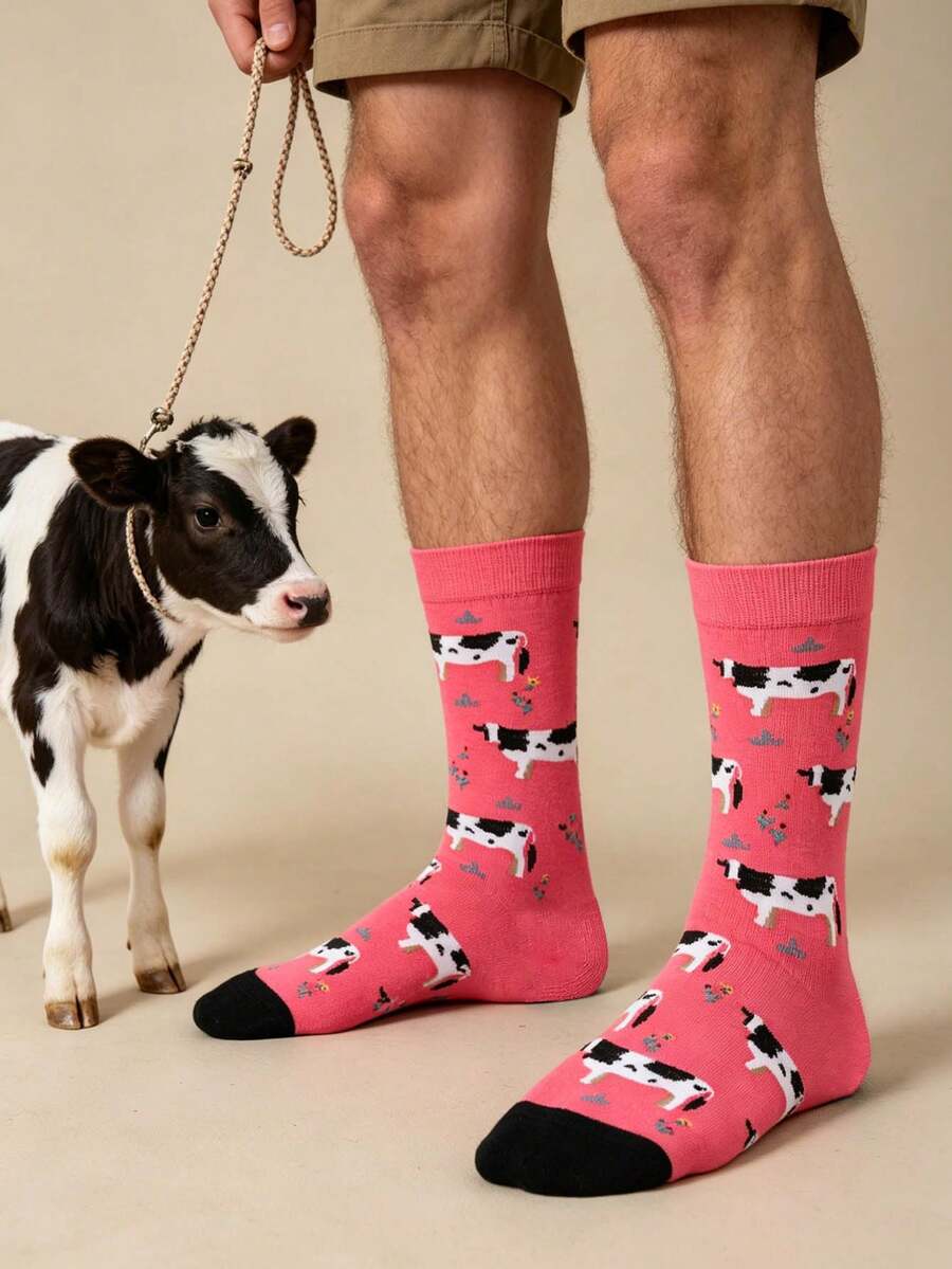 1pair Men's Cow Print Mid-Calf Socks, Fall Socks - Rose Red - View 1