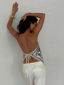 Blusa de mujer elegante con cuello de halter, estampado de tinte anudado y gasa para vacaciones en la playa - Blanco y Negro - Ver 7