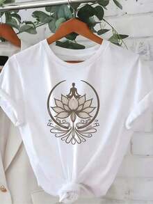 Short-Sleeved T-Shirt With Round Neck And Lotus And Zen Symbol Print, 100% Cotton, Breathable And Slightly Stretchy, Casual Top For Spring And Summer - Regular Fit Women's Clothing. - 白色 - 查看 6