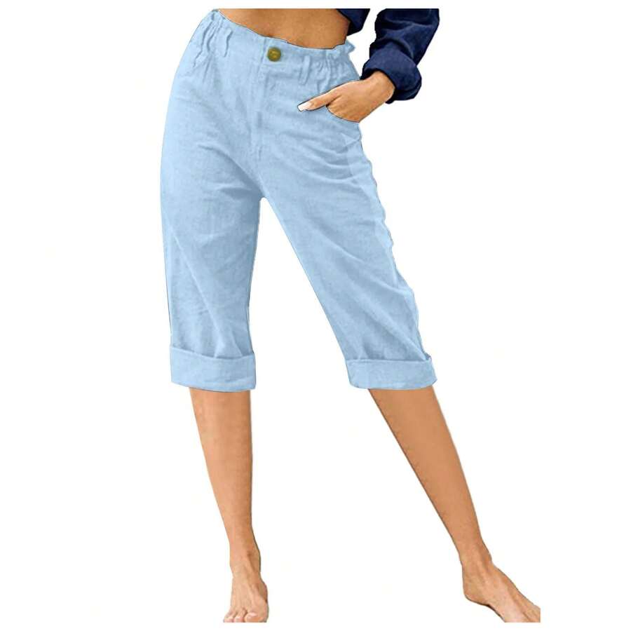 Pantalones pitillo de cintura elástica para mujer, pantalón informal, ajustado y transpirable, estilo Retro, novedad de verano, 2024 - Azul - Ver 1
