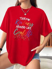 Camiseta casual estampada de talla grande para mujer - [Rojo] - Ver 1