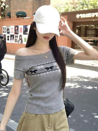 Summer Sexy Off-Shoulder Knit Short Sleeve Top, Bowknot Jacquard Slim Fit Cropped Revealing Shoulder Versatile Blouse