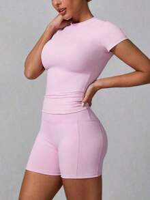 Conjunto deportivo de verano para mujer de unicolor simple con pantalón corto y manga corta - Rosa - Ver 6